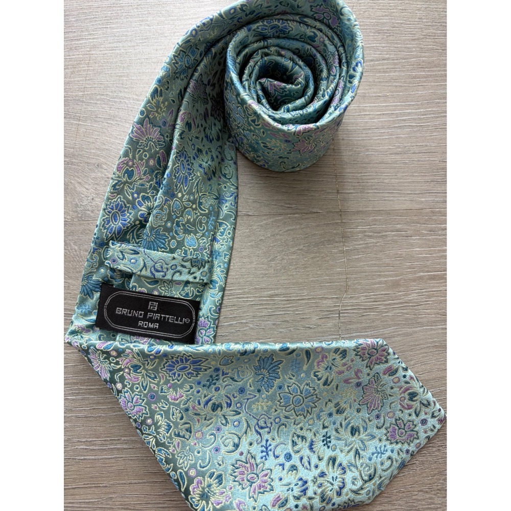 Bruno Piattelli Roma Silk Tie Mens Sage Green Floral Paisley Hand Made Italy
